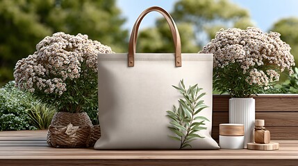 Minimal tote bag with leaf print and flowers high resolution image