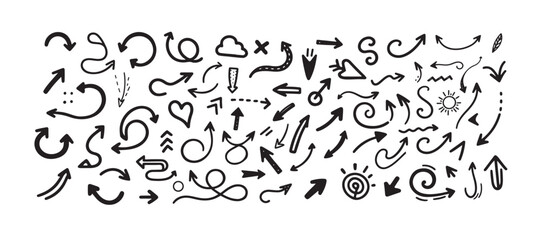 hand drawn doodle arrows set.Curved arrows,Spiral arrow, Double arrows, Heart tipped arrows,Broken arrows,Dashed arrows,Loop arrows,Dotted arrow
