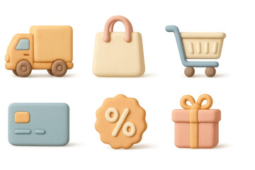 Pastel shopping icons illustration: bag, cart, truck, card, discount, gift in flat style for design