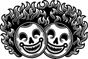 Fototapeta premium Grinning skulls rising from abstract flames vector illustration