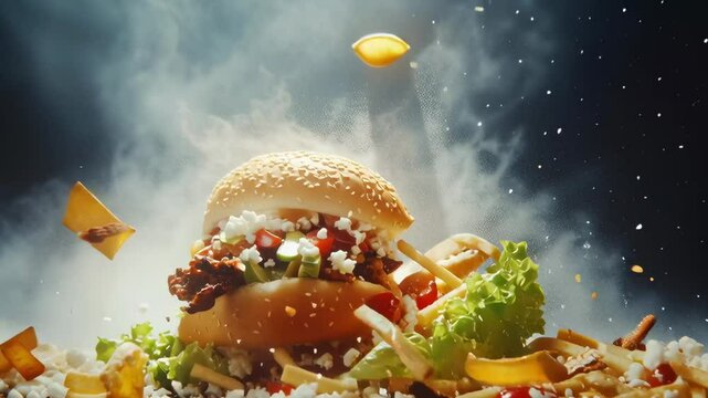 A burger and fries are exploding in the air. The burger is covered in lettuce and tomatoes, and the fries are scattered all over the table. The scene is chaotic and messy
