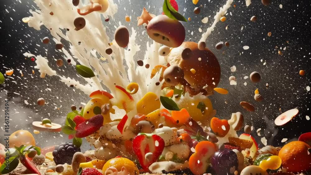 Poster a pizza with a lot of fruit toppings is exploding. the explosion is made up of various fruits such a