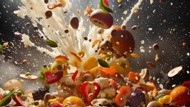 A pizza with a lot of fruit toppings is exploding. The explosion is made up of various fruits such as strawberries, oranges, and apples. The scene is chaotic and messy