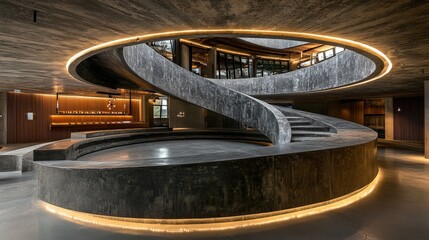 A stunning circular staircase, crafted from grey concrete, dominates a modern interior space