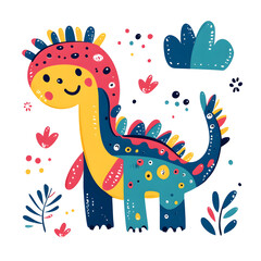 Naklejka premium Colorful Cartoon Dinosaur with Floral Elements illustration