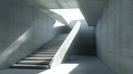 Obraz premium Sunlit concrete staircase descending in a minimalist architectural space. Light filters through an overhead opening, casting dramatic shadows
