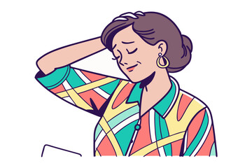 A woman with a colorful patterned shirt touches her forehead with her hand eyes closed in thoughtful reflection