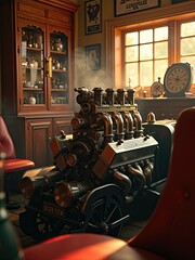 The V12 car engine was removed and placed in the engine compartment of the garage with a luxurious and vintage garage atmosphere.