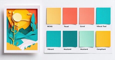 Naklejka premium Paper art landscape beside color swatches. Mountains, sun, river depicted using layered paper cuts. Colors labeled wcag, teal, coral, vibrant.