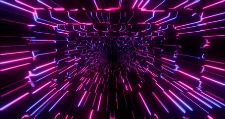 Futuristic glowing neon waving cube background. Shining geometric pink lines inside corridor in perspective. Bright retro digital cyberspace. 3D rendering.