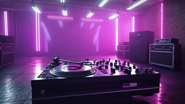 DJ booth with neon pink lighting
