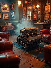 The V12 car engine was removed and placed in the engine compartment of the garage with a luxurious and vintage garage atmosphere.