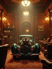 The V12 car engine was removed and placed in the engine compartment of the garage with a luxurious and vintage garage atmosphere.