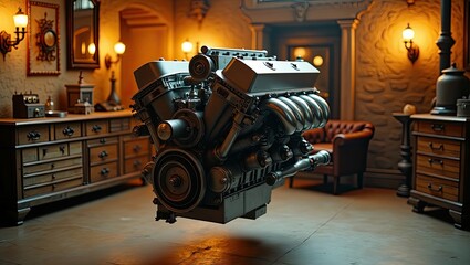 The V12 car engine was removed and placed in the engine compartment of the garage with a luxurious and vintage garage atmosphere.