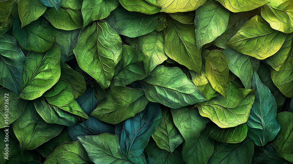 Fototapete ai-generated realistic illustration of a dense pile of green leaves with visible veins and a crumple