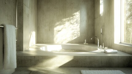 Sunlit minimalist bathroom with concrete walls, a freestanding oval bathtub, and a large window offering a view of nature