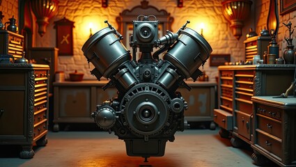 The V12 car engine was removed and placed in the engine compartment of the garage with a luxurious and vintage garage atmosphere.