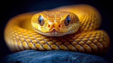 Fototapeta premium Close-up of a vibrant yellow snake with dark eyes, coiled on a dark rock, against a black background.