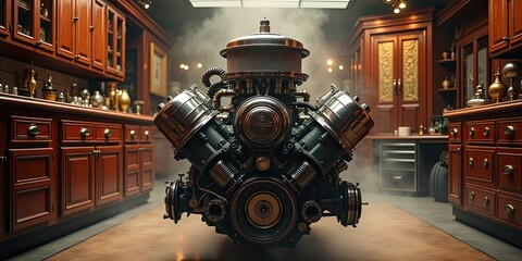 The V12 car engine was removed and placed in the engine compartment of the garage with a luxurious and vintage garage atmosphere.