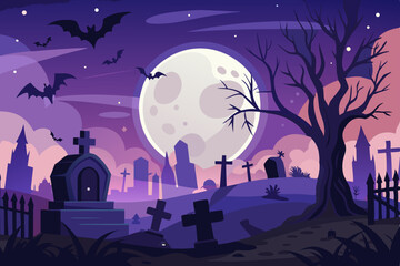 Nighttime graveyard scene with full moon and flying bats vector illustration
