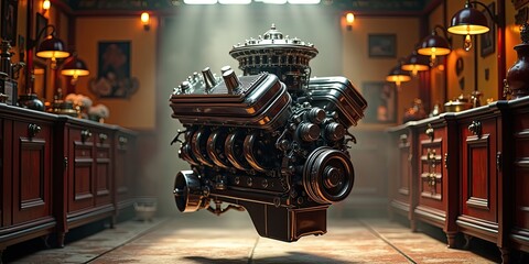 The V12 car engine was removed and placed in the engine compartment of the garage with a luxurious and vintage garage atmosphere.