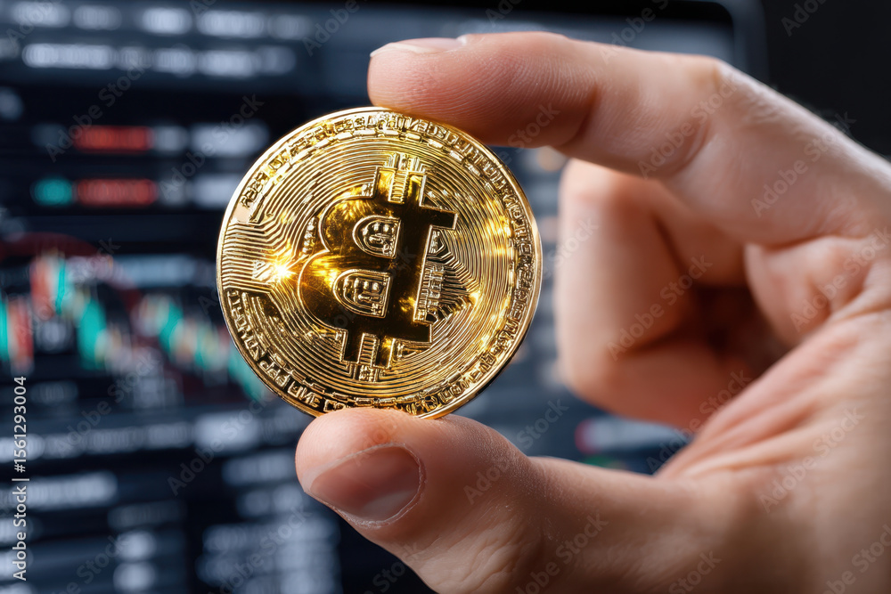 Poster golden bitcoin held in hand with trading charts in background during a market analysis session
