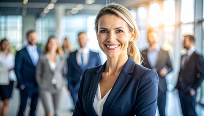 Confident Caucasian Businesswoman Smiling in Modern Office with Diverse Team and Bright Sunlight.