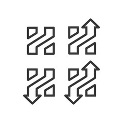 Dynamic Directional Icons: Four minimalist icons featuring interconnected lines and directional arrows, symbolizing movement, choices, and strategic paths. Z letter and arrow, unique and elegant.