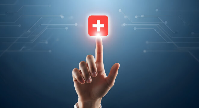 Hand pressing glowing red plus sign button on digital interface with circuit pattern background