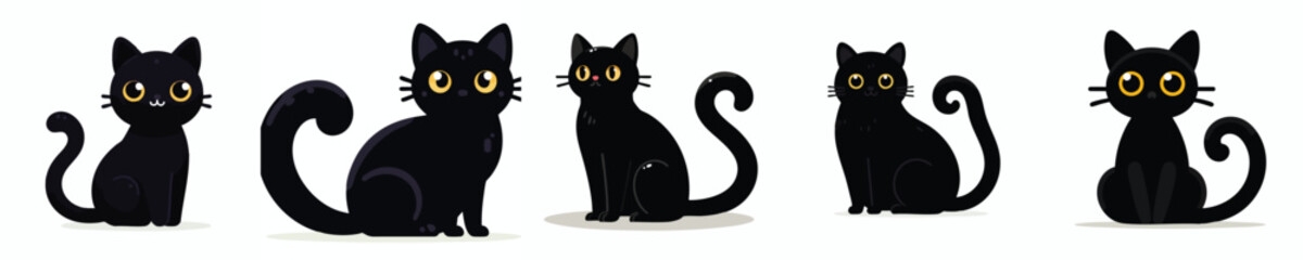 Black Cat Clipart Set – Cute Flat Vector Cartoon Kitten Collection