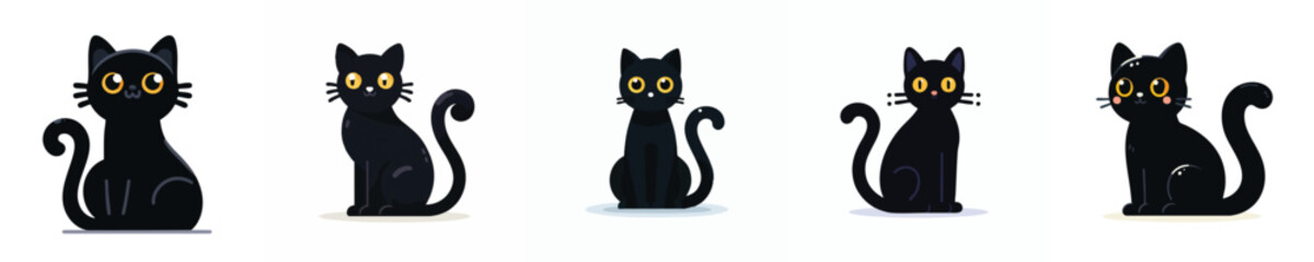 Black Cat Cartoon Vector Pack – Cute Flat Style Kitten Collection