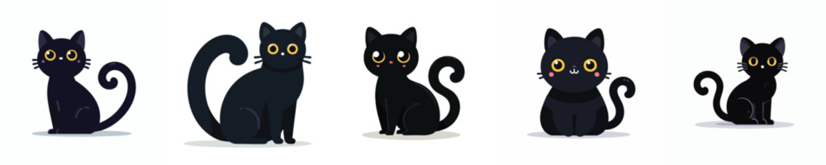 Black Cute Cat Vector Set – Flat Cartoon Kitten Collection