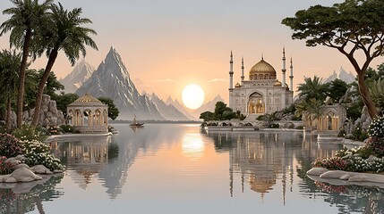 Obraz premium Scenic sunrise over mosque with stunning mirrored water high resolution image
