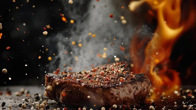 A piece of meat is being cooked on a grill with a generous amount of pepper and spice sprinkled on top. The meat is sizzling and the spices are creating a delicious aroma
