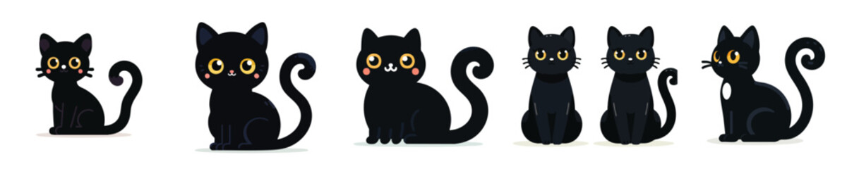 Cute Black Cats Vector Set – Flat Cartoon Kitten Characters Collection