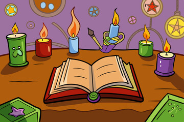 An open spell book and candle with glowing arcane symbols vector illustration