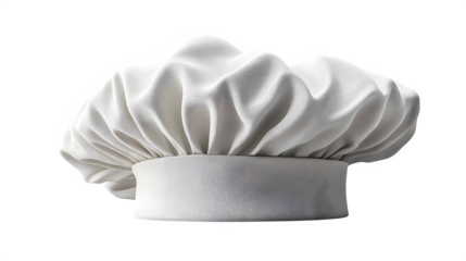 Crisp, photorealistic photograph of a classic tall white chef hat (toque blanche), perfectly clean and starched. Sharp focus on the fabric folds and texture. Bright, even studio lighting, 