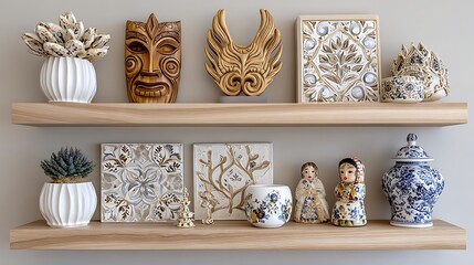 Shelf display of folk masks, clay pots and flowers high resolution photo