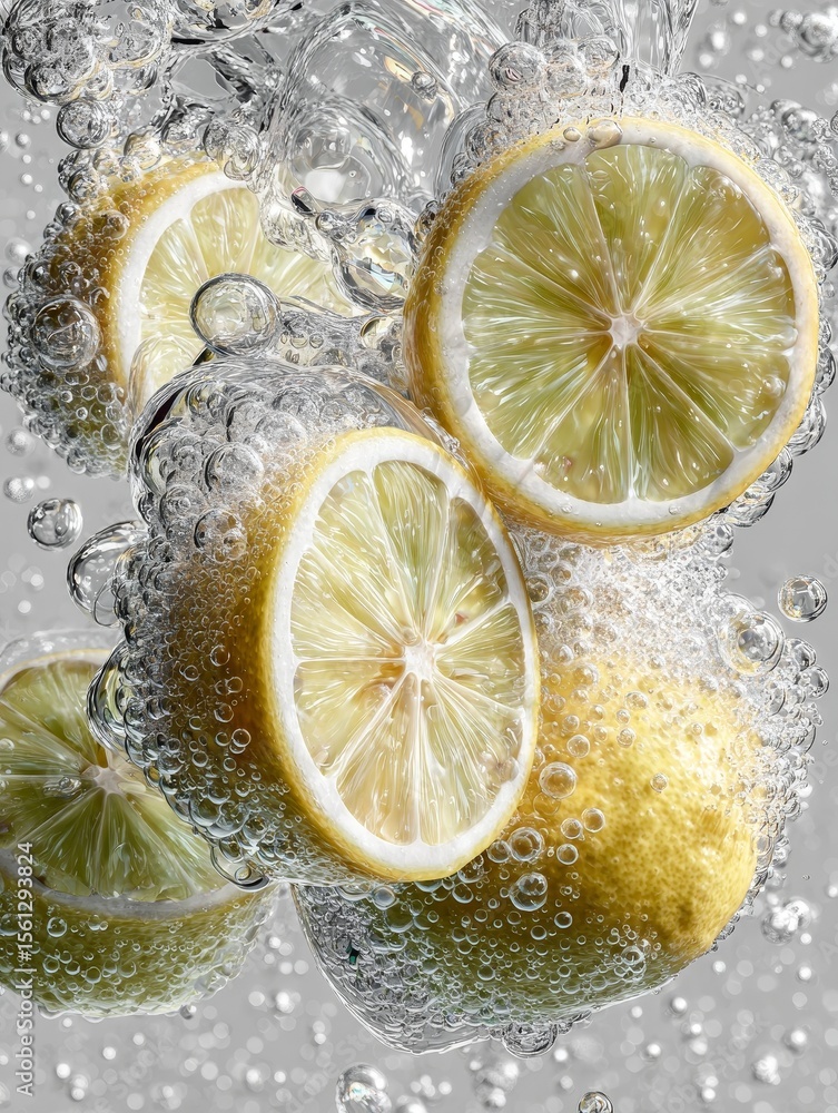 Poster fresh lemon slices gently floating among clustered fine soap foam bubbles in soft natural light with