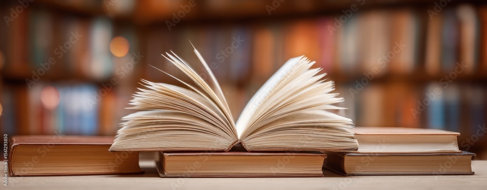 Poster the open book resting on stacked volumes in a cozy library setting.