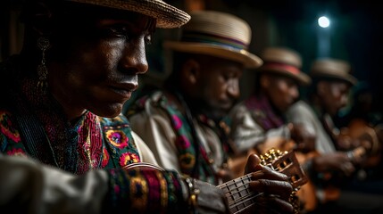 Multiracial Musicians Playing String Instruments in Traditional Outfits perfect for cultural event posters, heritage festival promotions, music education brochures, and diversity celebration campaigns