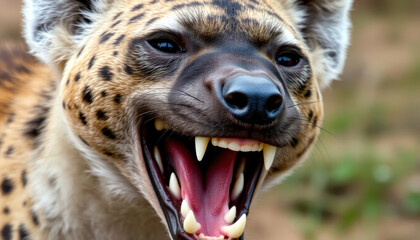 Close-Up Portrait of Spotted Hyena Growling with Open Mouth and Sharp Teeth