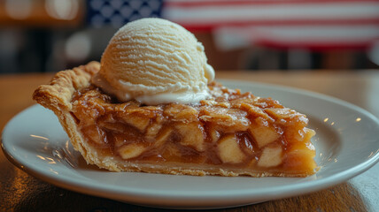 Apple pie slice with vanilla ice cream on a plate.