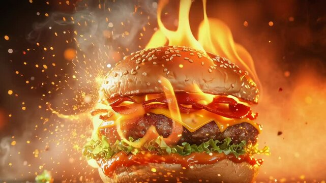 A hamburger is on fire, with the flames licking the bun and the cheese. The burger is surrounded by smoke and ash, giving the impression of a fiery explosion