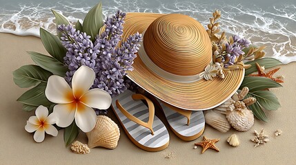 Starfish and seashells beside striped towel on sand high resolution background