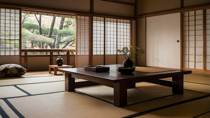 Traditional Japanese Zen Room Interior with Garden View