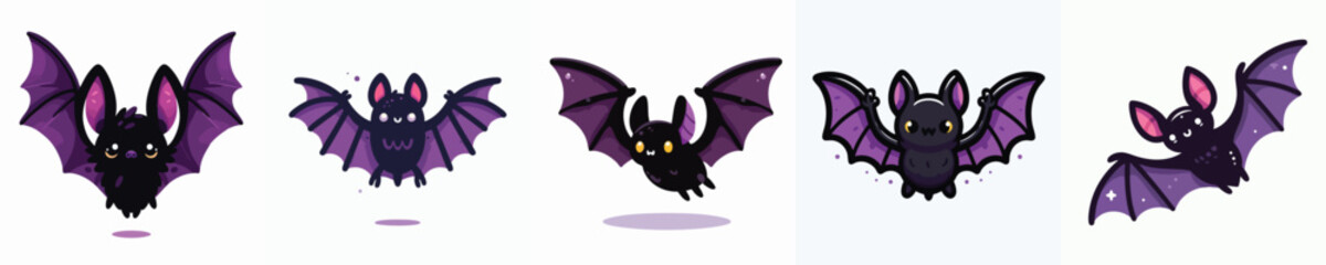 Adorable Flying Bat Vector Set – Cute Cartoon Bats for Halloween and Night Designs