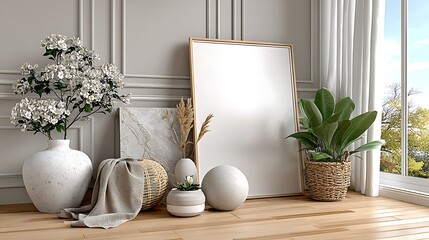 Stylish interior space featuring soft cushions and botanical prints high resolution photo