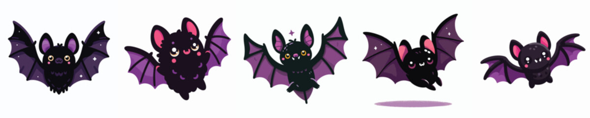 Cute Chibi Bat Vector Set – Flying Cartoon Bats for Halloween and Night Theme