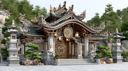 Fototapeta premium Traditional asian temple architecture with intricate carvings and dragon sculptures high resolution picture